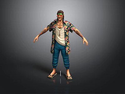 Man Wearing Floral Shirt White Tank Top Blue Jeans And Sandals With Tattoos Standing 3d model