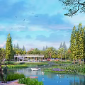 Urban Waterfront Landscape with Green Grassland People Relaxing Trees and High Rise Buildings