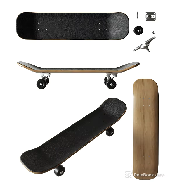 Sports Equipment Skateboard With Wooden Deck Black Grip Tape Wheels And Metal Trucks 3d model 