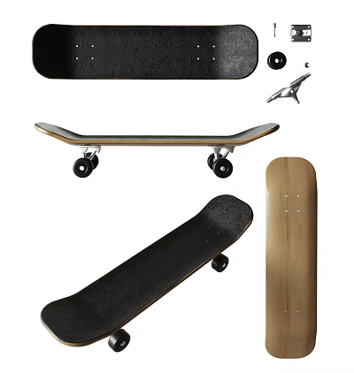 Sports Equipment Skateboard With Wooden Deck Black Grip Tape Wheels And Metal Trucks 3d model