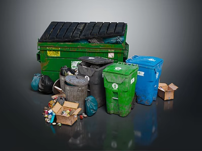 Various Colored Waste Containers With Trash Bags Cardboard Boxes And Scattered Waste 3d model