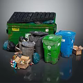Various Colored Waste Containers With Trash Bags Cardboard Boxes And Scattered Waste