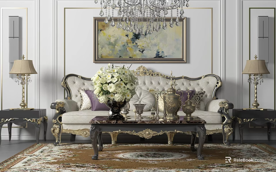 Elegant Multi Seat Sofa With Ornate Carvings Coffee Table Flower Vase And Chandelier 3d model 