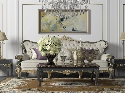 Elegant Multi Seat Sofa With Ornate Carvings Coffee Table Flower Vase And Chandelier 3d model