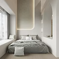 Modern Bedroom Interior With White Arched Doorways Vanity Table Windows Curtains And Warm Lighting