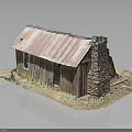 Rustic Wooden Cabin Model With Rusted Metal Roof And Stone Chimney