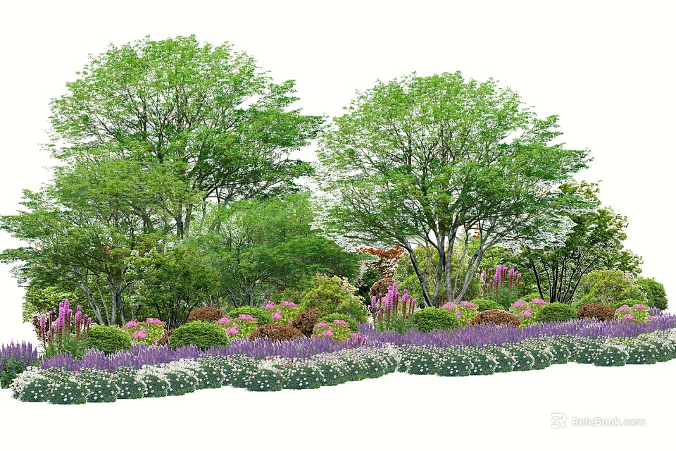 Lush Green Trees With Foliage And Colorful Flowers In Garden Landscape Design 3d model 