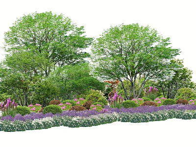 Lush Green Trees With Foliage And Colorful Flowers In Garden Landscape Design 3d model