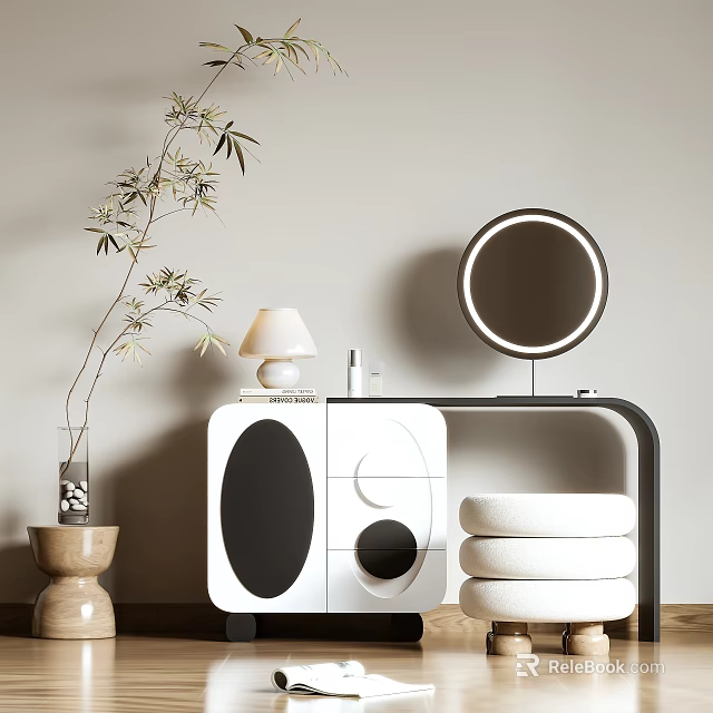 Modern White Black Dressing Table With Lighted Mirror Table Lamp Plant And Cushions 3d model 