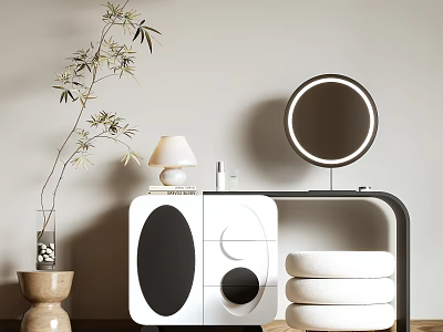 Modern White Black Dressing Table With Lighted Mirror Table Lamp Plant And Cushions 3d model