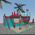 Colorful Container Building With Staircase Terrace Outdoor Seating Palm Trees And Umbrellas