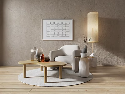 Modern Living Room With Single Sofa Beige Wall Decorative Painting Floor Lamp Wooden Coffee Table 3d model