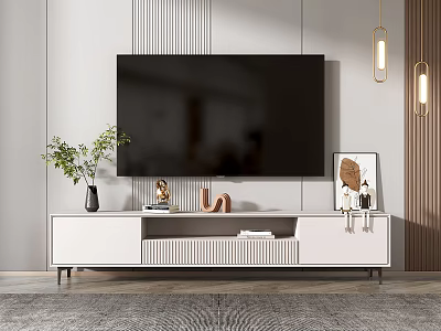 Modern TV Stand With Large TV Decorative Items And Hanging Lights In Living Room 3d model