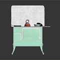 Vintage Green Kitchen Stove with Four Burners Red Kettle Cabinet Doors and Drawer