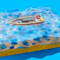 Small White Boat Floating On Blue Water With Red Lifebuoy And Simple Equipment