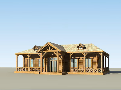 Single Story Wooden House With Porch Columns And Wooden Roof Design 3d model