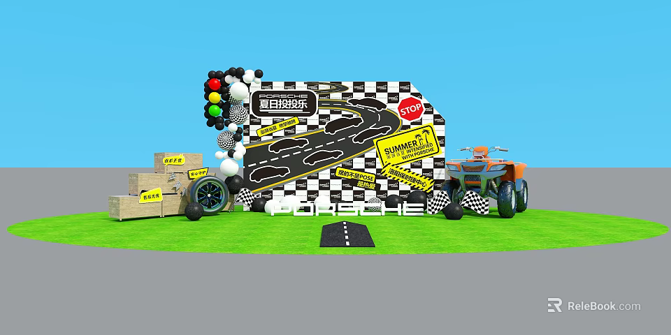 Baby First Birthday Party Setup With Race Track Traffic Light Balloons And Toy Car 3d model 