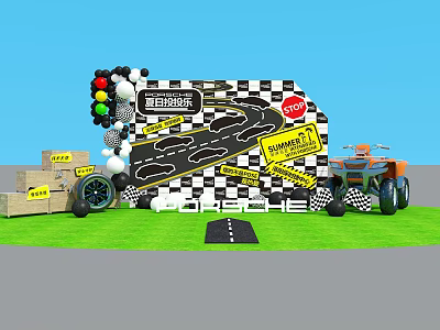 Baby First Birthday Party Setup With Race Track Traffic Light Balloons And Toy Car 3d model