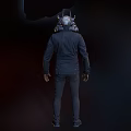 Futuristic Warrior Character With Biomechanical Samurai Helmet Horns Glowing Eyes Dark Coat Buttons Pockets