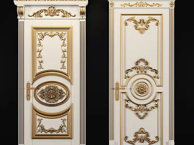 Elegant European Style Swing Doors With Intricate Gold Carvings And White Panel Design 3d model