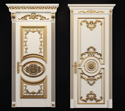 Elegant European Style Swing Doors With Intricate Gold Carvings And White Panel Design 3d model