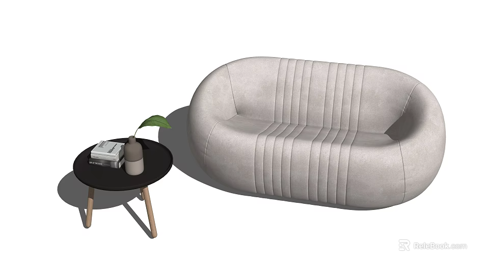 Gray Curved Multi Seat Sofa With Stitched Design And Side Table With Books And Plant 3d model