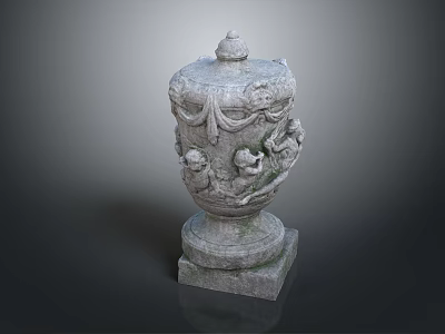 Scenic Landscape Showcasing Ancient Stone Carving Vase With Detailed Figures And Ornaments 3d model