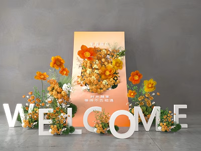 Colorful Photo Check In Spot With Orange Backdrop Colorful Flower Decorations And White Welcome Letters 3d model