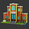 Red Two Story Building With Yellow Trim Blue Windows Front Steps Small Shrubs And Sign