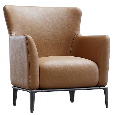 Brown Leather Single Chair With Armrest And Black Metal Legs Modern Design 3d model