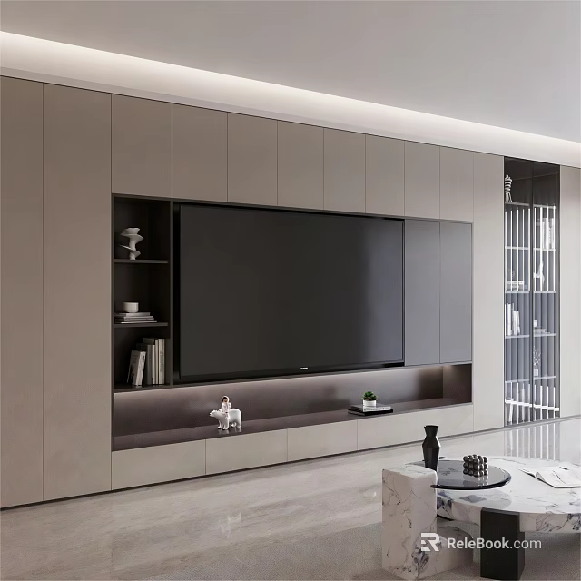 Modern Built in TV Cabinet With Storage Shelves And Decorative Items 3d model 