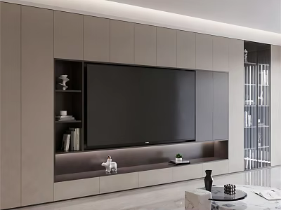Modern Built in TV Cabinet With Storage Shelves And Decorative Items 3d model