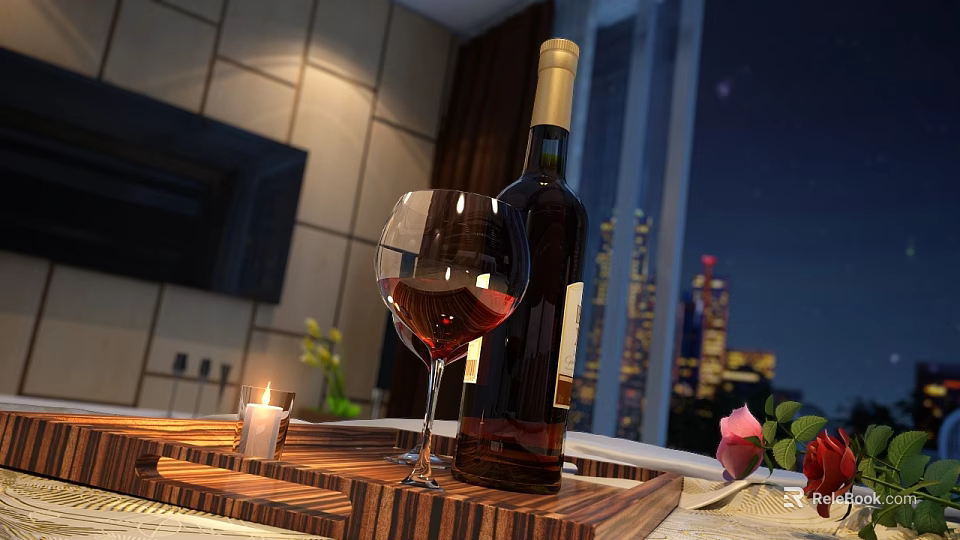 Wine Bottle and Wine Glass on Wooden Tray with Candle Rose and Night City View 3d model 