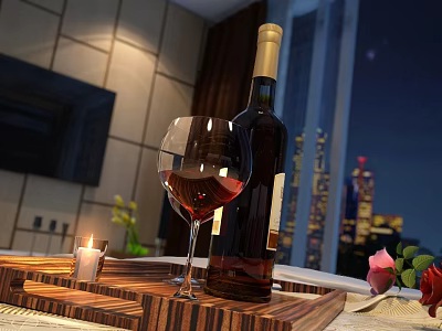 Wine Bottle and Wine Glass on Wooden Tray with Candle Rose and Night City View 3d model