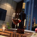Wine Bottle and Wine Glass on Wooden Tray with Candle Rose and Night City View
