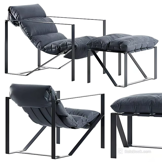 Modern Minimalist Gray Padded Armchair With Black Metal Frame And Ottoman 3d model 