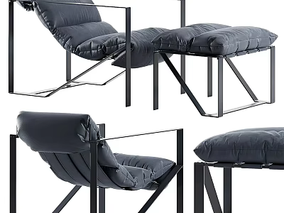 Modern Minimalist Gray Padded Armchair With Black Metal Frame And Ottoman 3d model