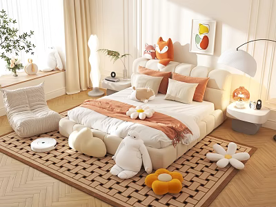 Soft Upholstered Kids Bed with Plush Toys Flower Decor and Cozy Sunlit Rug 3d model