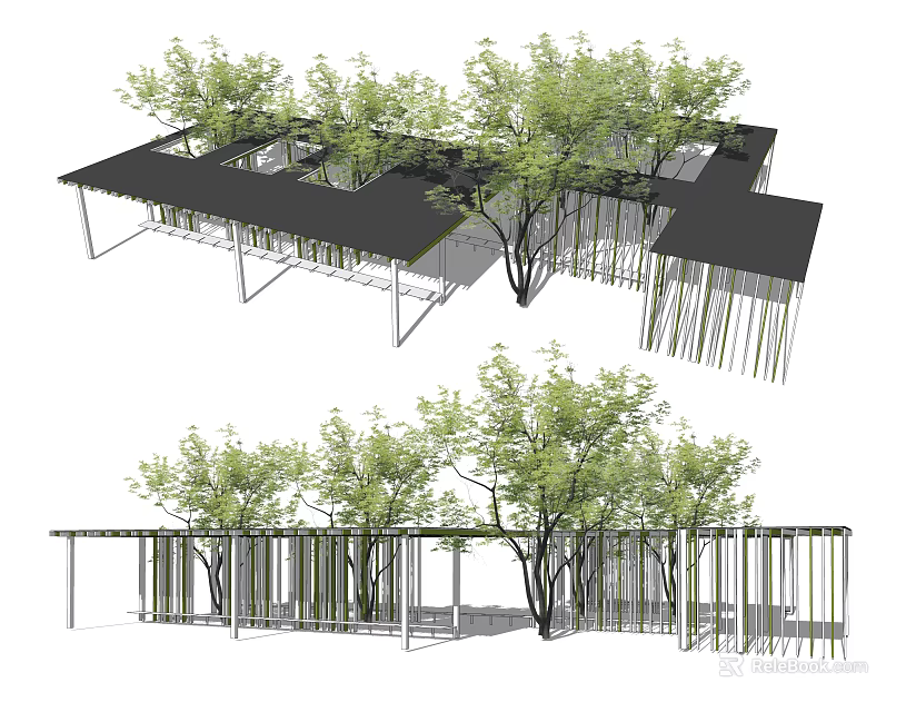 Modern Outdoor Pergola Design With Open Structure And Green Leafy Trees 3d model