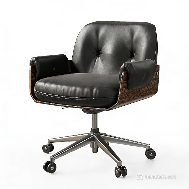 Modern Black Leather Office Chair With Wooden Armrests And Metal Base Wheels 3d model 