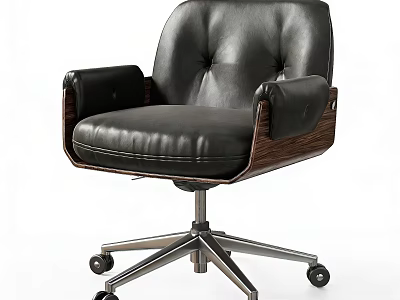 Modern Black Leather Office Chair With Wooden Armrests And Metal Base Wheels 3d model