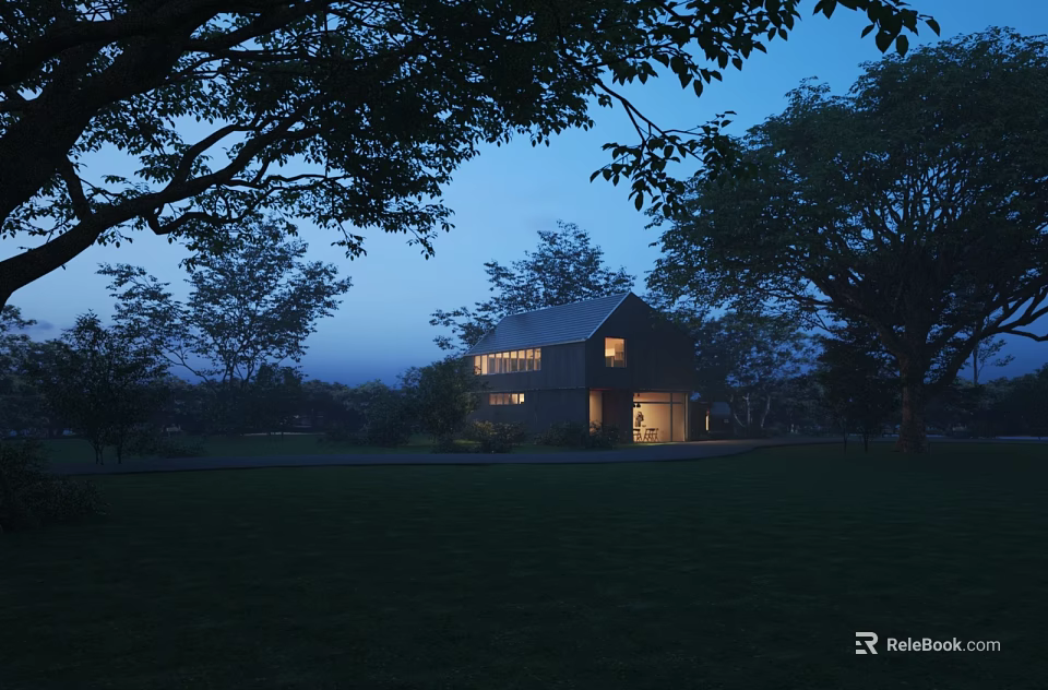 Modern Detached House at Dusk With Warm Lights Surrounded by Trees and Green Lawn 3d model 