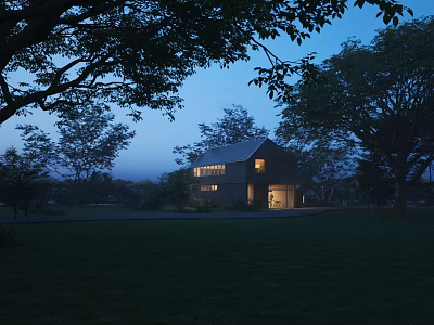 Modern Detached House at Dusk With Warm Lights Surrounded by Trees and Green Lawn 3d model