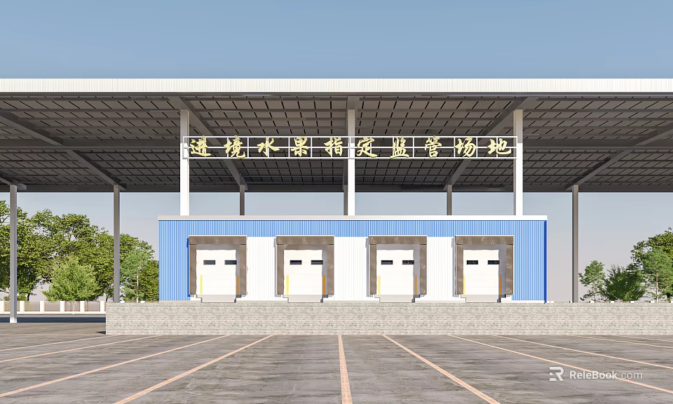 Industrial Factory Building With Covered Structure Blue Walls White Doors And Open Area 3d model 