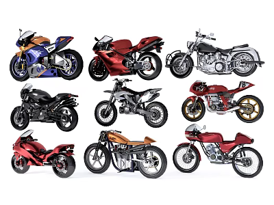 Different Types of Motorcycles Featuring Classic Vintage Modern Sport and Off Road Designs 3d model