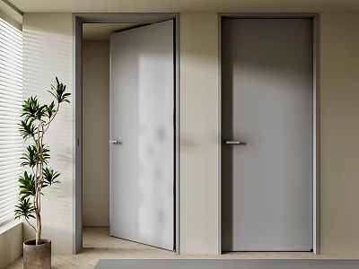 Modern Light Gray Hinged Doors with Dark Frames in Interior Entrance Featuring Potted Plant 3d model