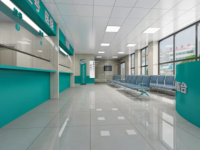 Bright Hospital Waiting Area With Green Counters Seats And Tiled Floor 3d model