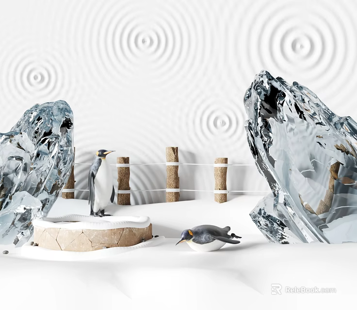 Reptile In Snowy Environment With Ice Rocks And Wooden Fence Structure 3d model 