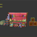 Cartoon Market Stall Scene Featuring Wooden Structure Red Canopy Barrels Crates And Fruit Bowl