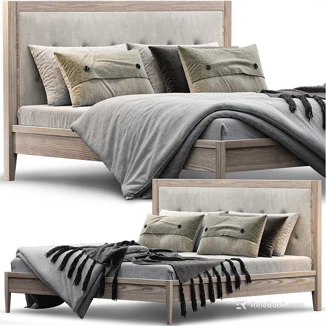 Modern Double Bed with Wooden Headboard Neutral Tones Pillows and Fringe Blanket 3d model 